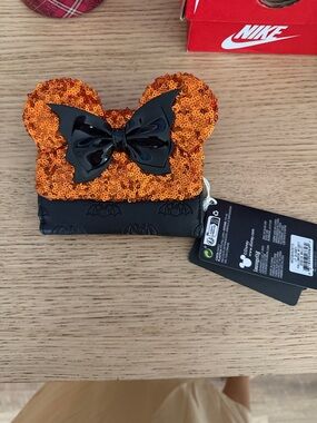 Loungefly Orange Sequin Minnie Ear Card Holder with Black Bow